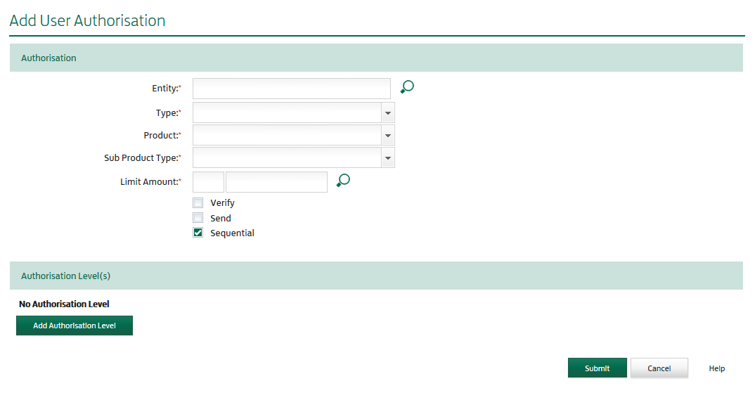 Screenshot of Add User Authorisation form