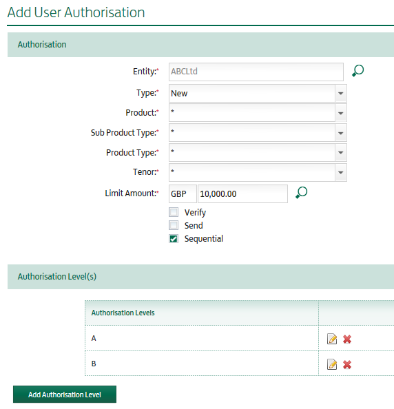 Example of the Add User Authorisations interface